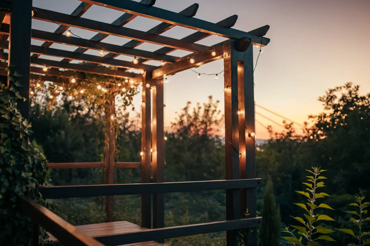 Pergola with string lights built by The Custom Deck Guys in Greater Cincinnati Area